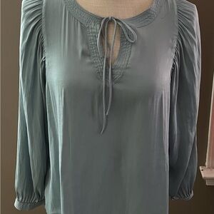 LOFT Green Puff Sleeve Tie Front Blouse